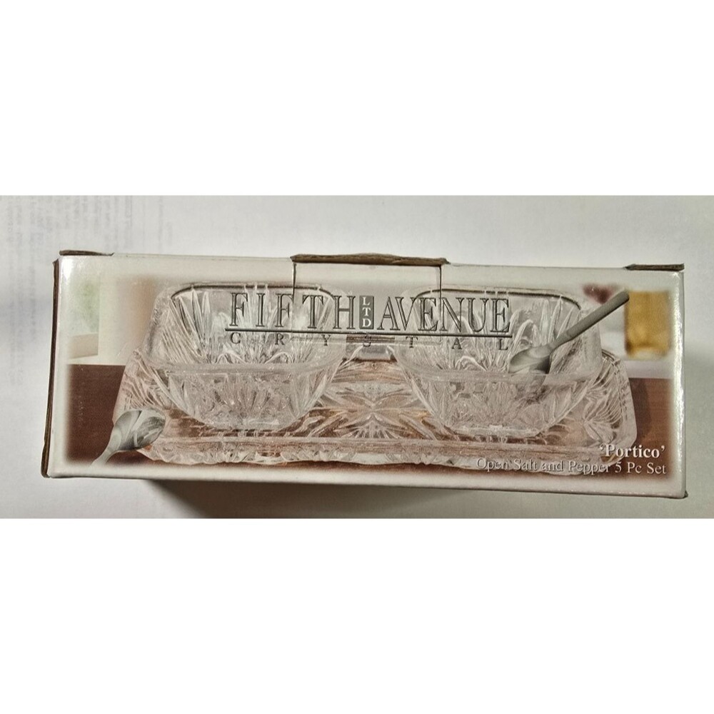 Fifth Avenue Crystal Portico Open Salt & Pepper Set 5 Pc w/ Tray Spoons Box